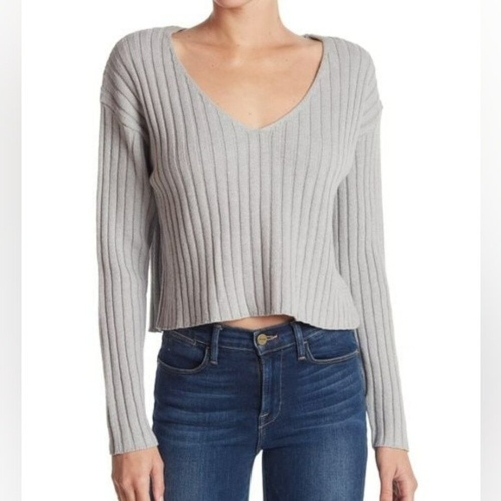 NWT Abound V Neck Ribbed Crop Sweater Grey Heather Sz XXS